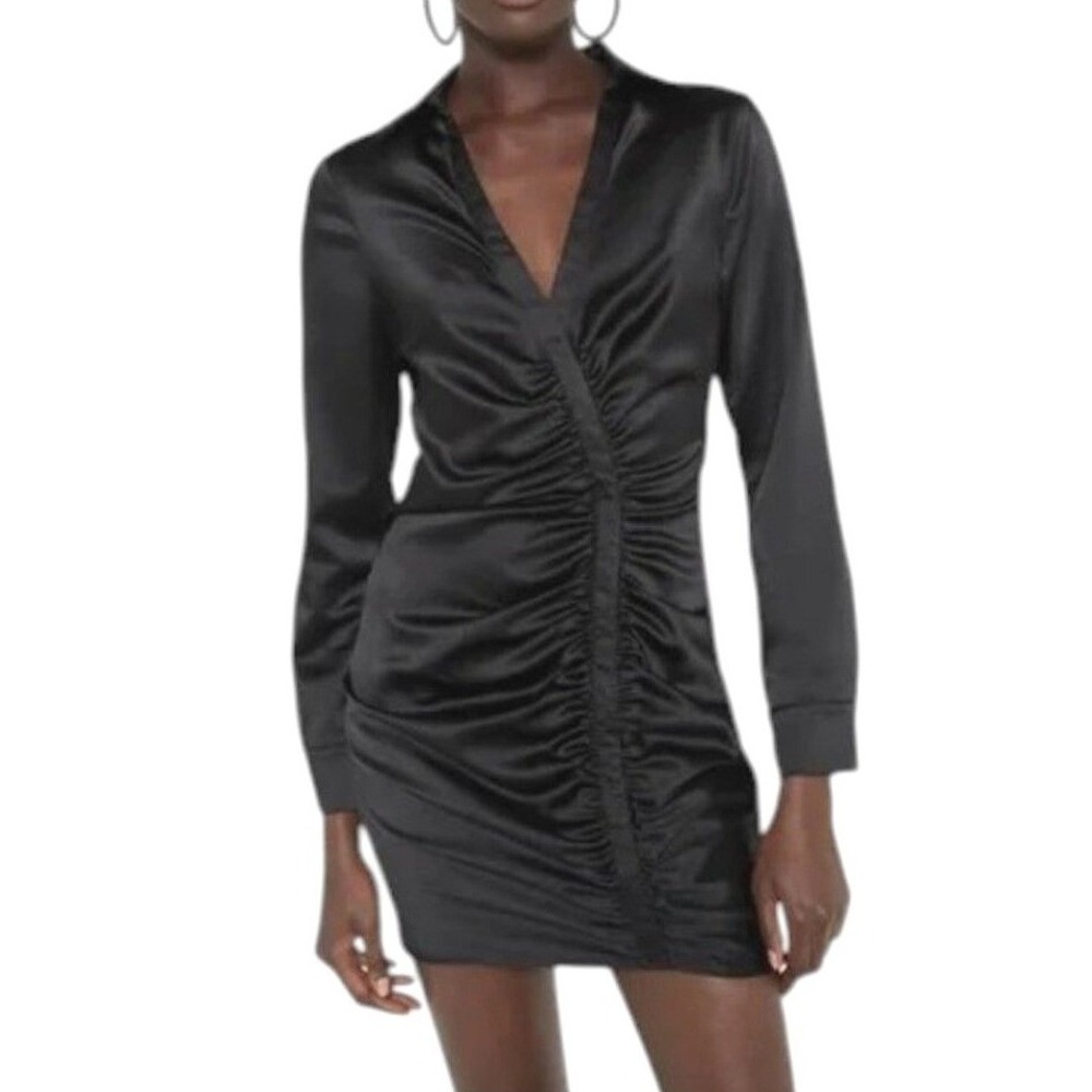 Zara Ruched Satin Mini Shirt Dress Womens S Black Long Sleeve Bodycon Party